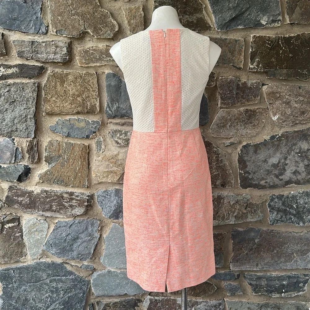 J.Crew Sleeveless Sheath Dress Coral Pink Tweed Size 4 V-Neck Lace Back Detail